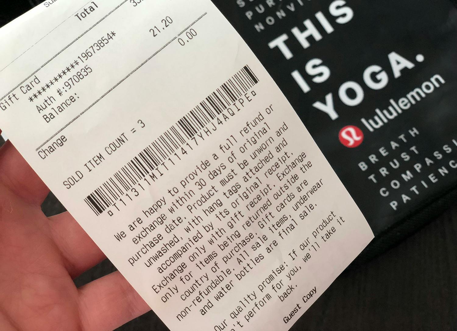 Extreme close-up of a Lululemon receipt