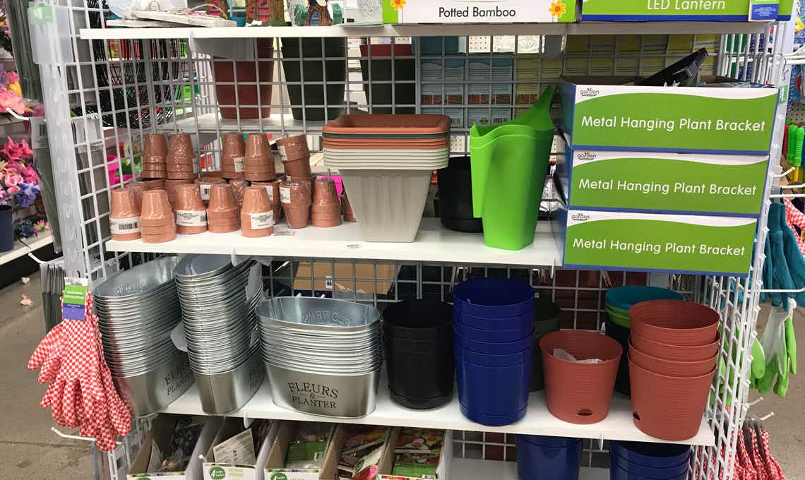 Dollar Tree garden tools and accessories display.
