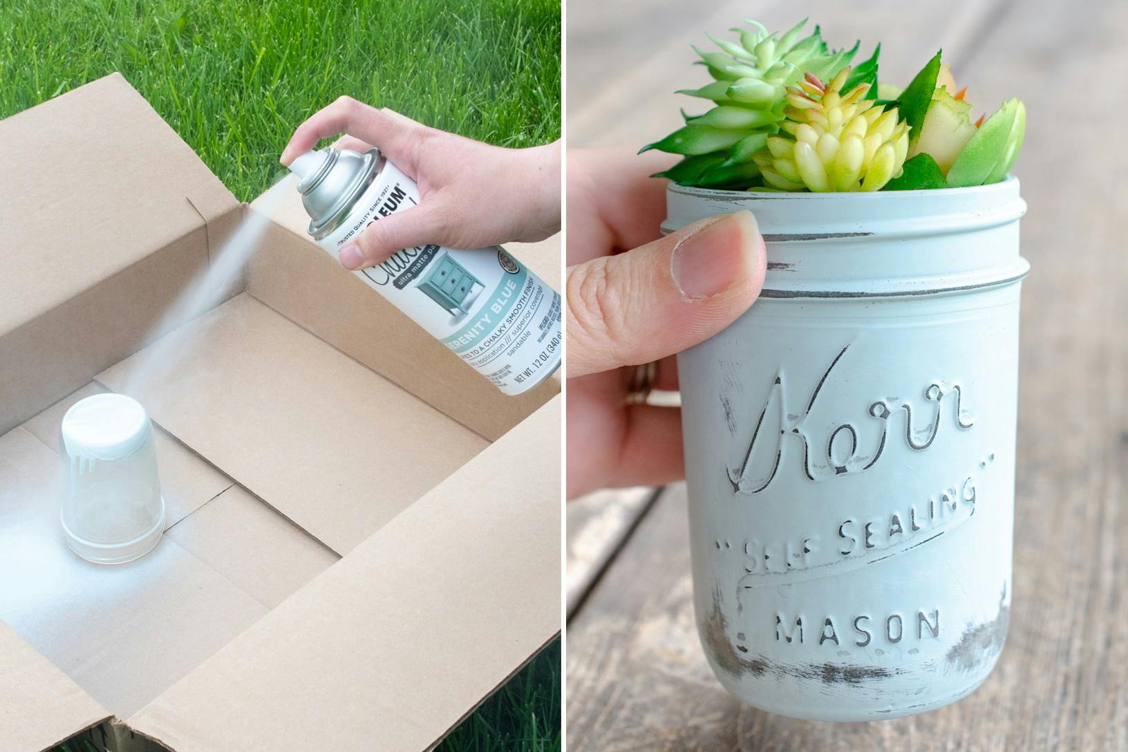 Two images side by side; one a person spray painting an upside down mason jar in a box and the second image is a person holding a painted mason jar with a succulent planted in it.