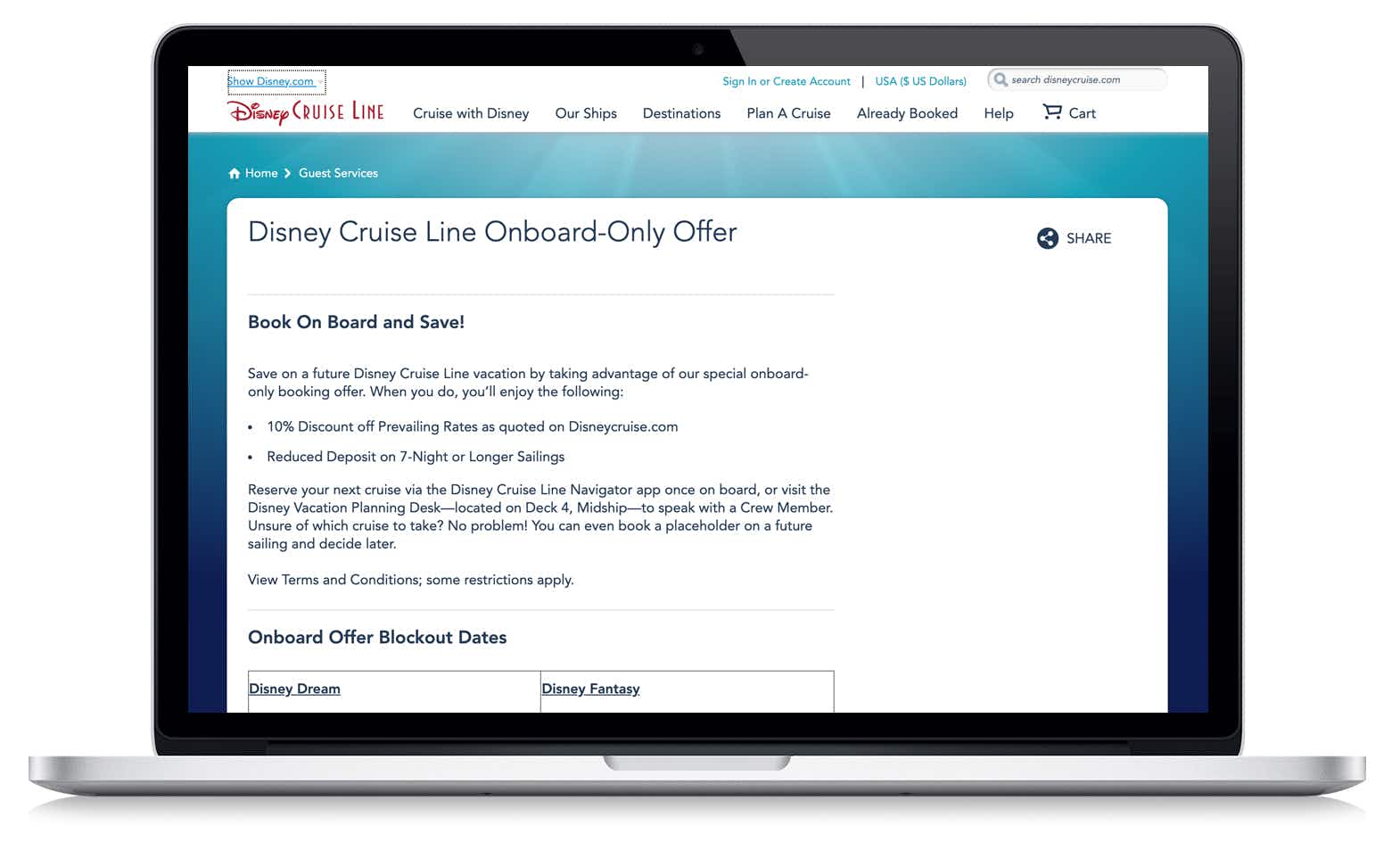 laptop with a screenshot showing onboard-only booking offers for disney cruise lines