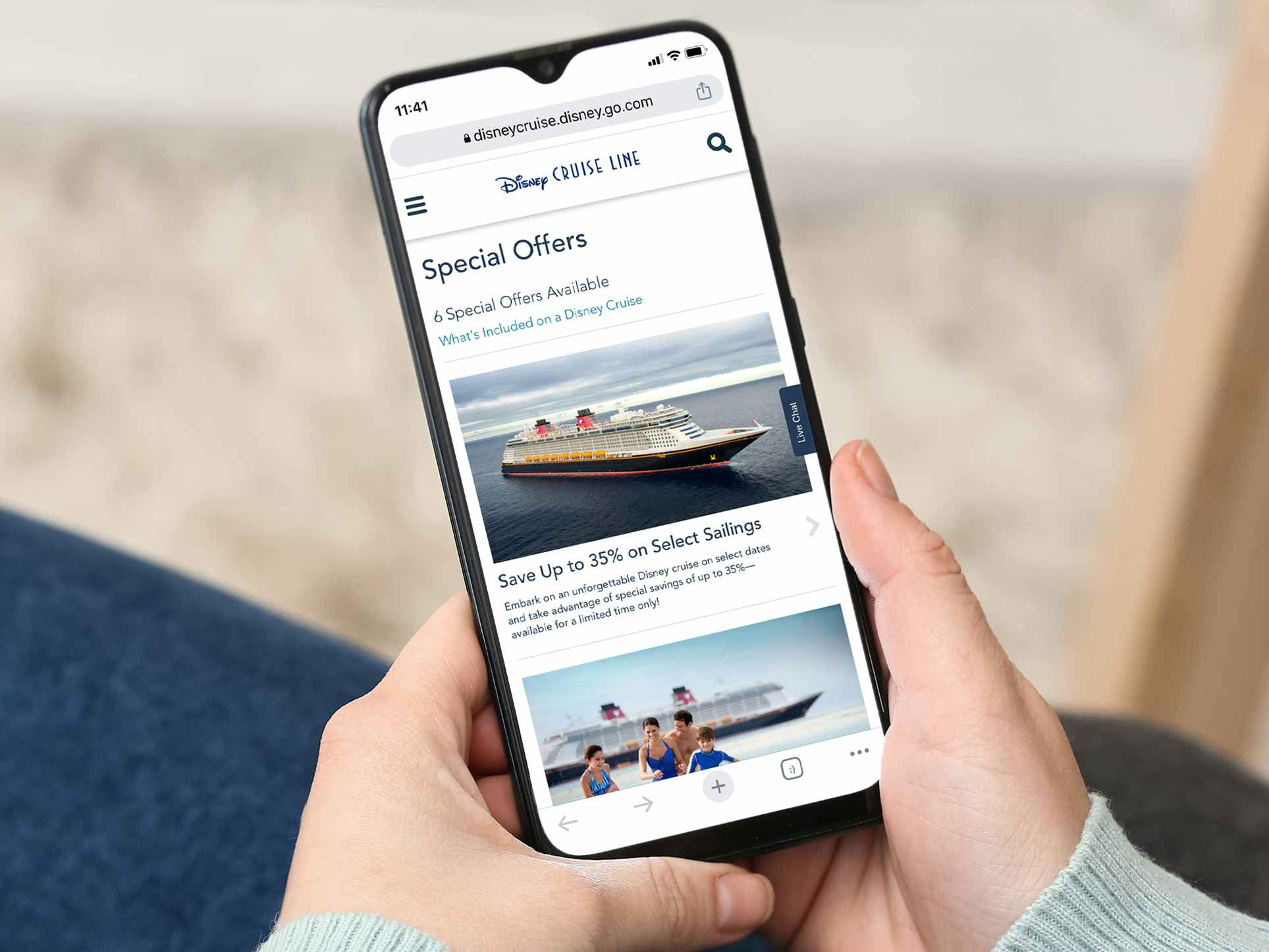 person looking at disney cruise line special offers on phone