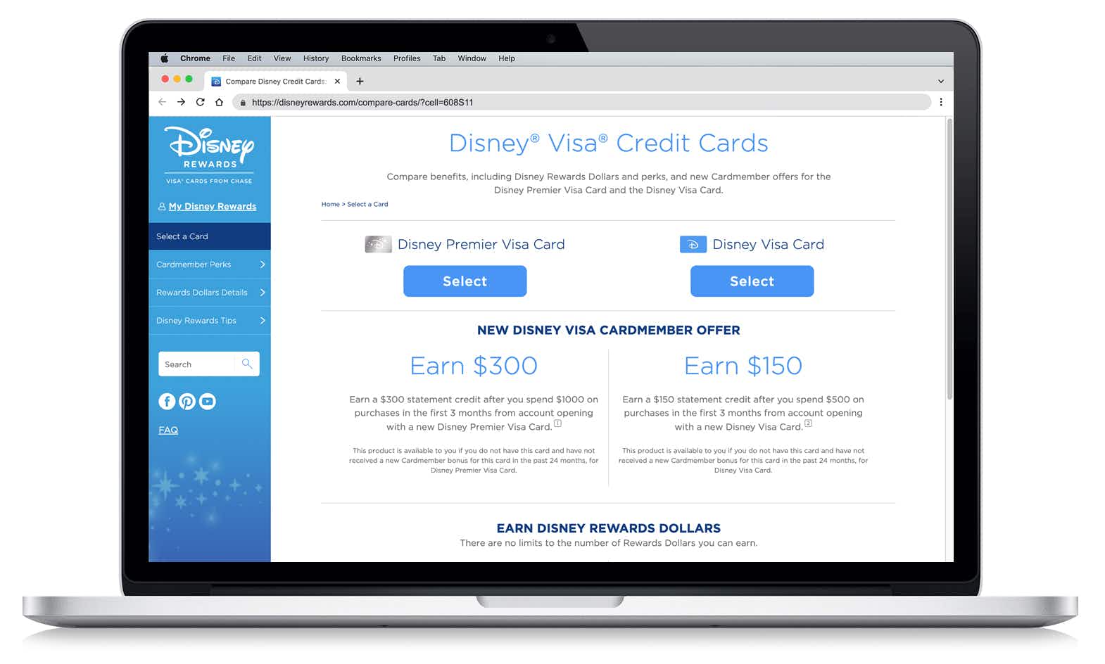 laptop showing a screenshot comparing the disney visa and premier credit cards