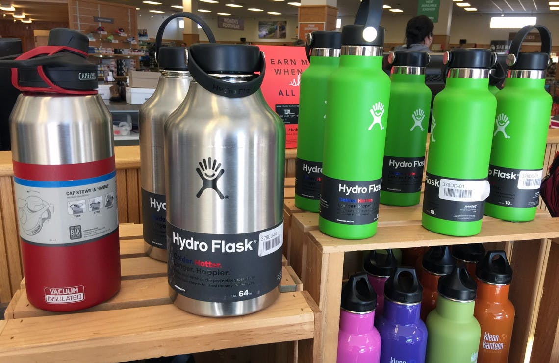 hydro flasks in store on shelf