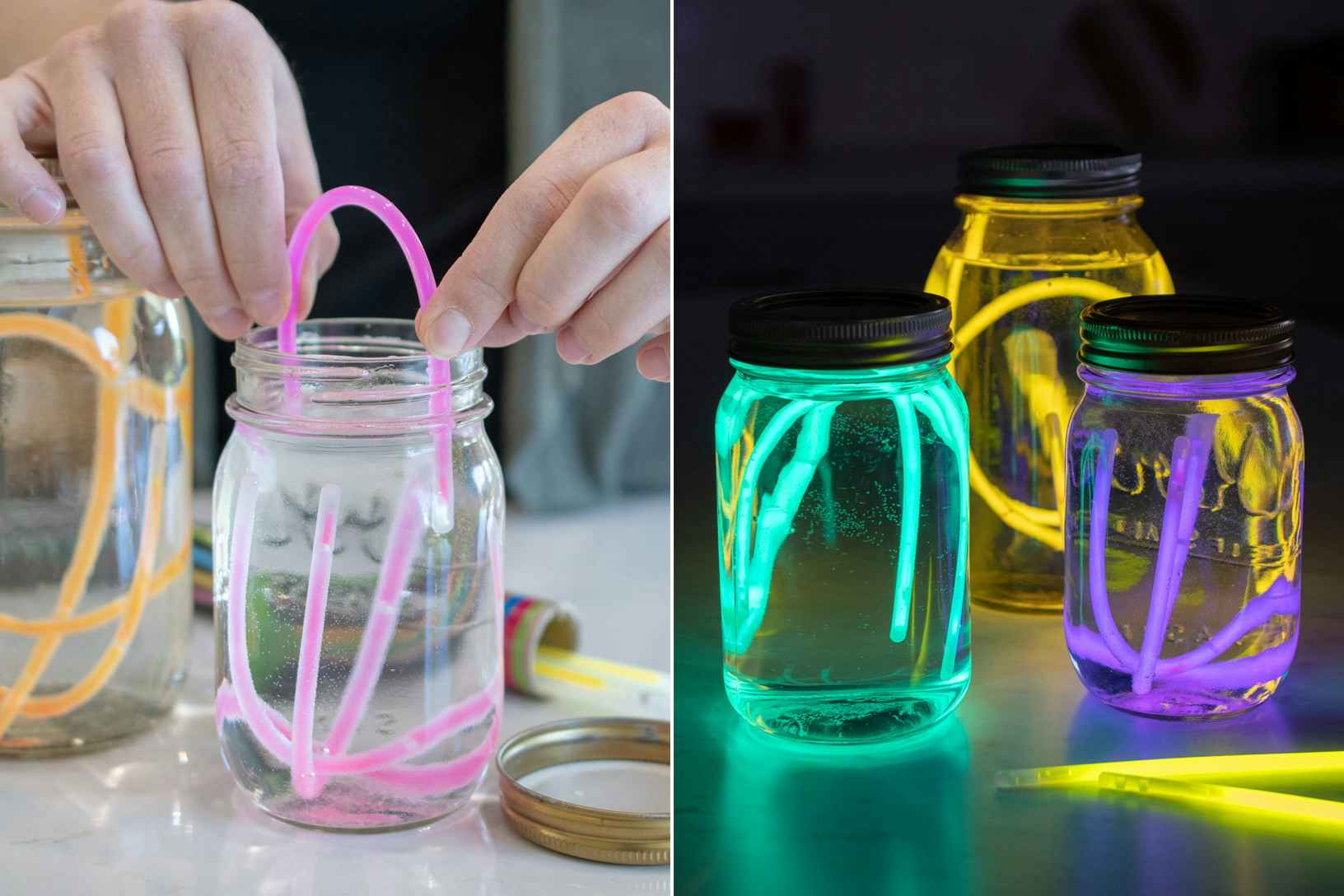 A person's hands putting glow sticks into a mason jar, and some mason jars filled with glow sticks glowing in the dark.