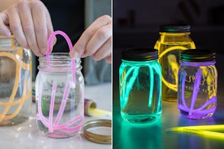 A person's hands putting glow sticks into a mason jar, and some mason jars filled with glow sticks glowing in the dark.