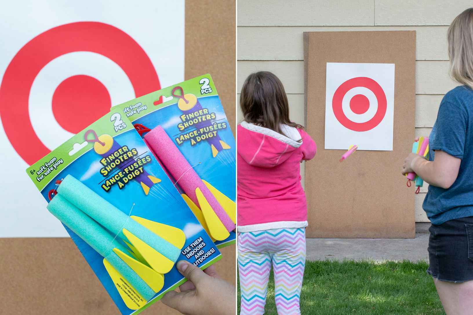 A person's hand holding up foam darts in front of a printed target, and a child throwing foam darts at a printed target taped to a board outside.