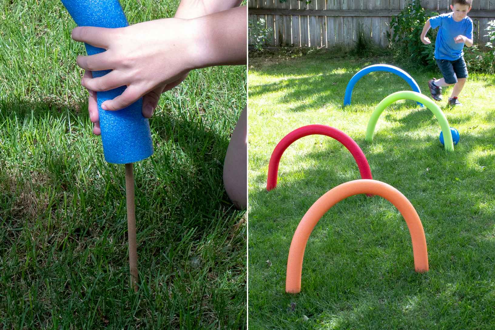A person's hands placing a pool noodle onto a dowel sticking out of the ground, and a child kicking a ball through DIY pool noodle obstacles on a lawn.