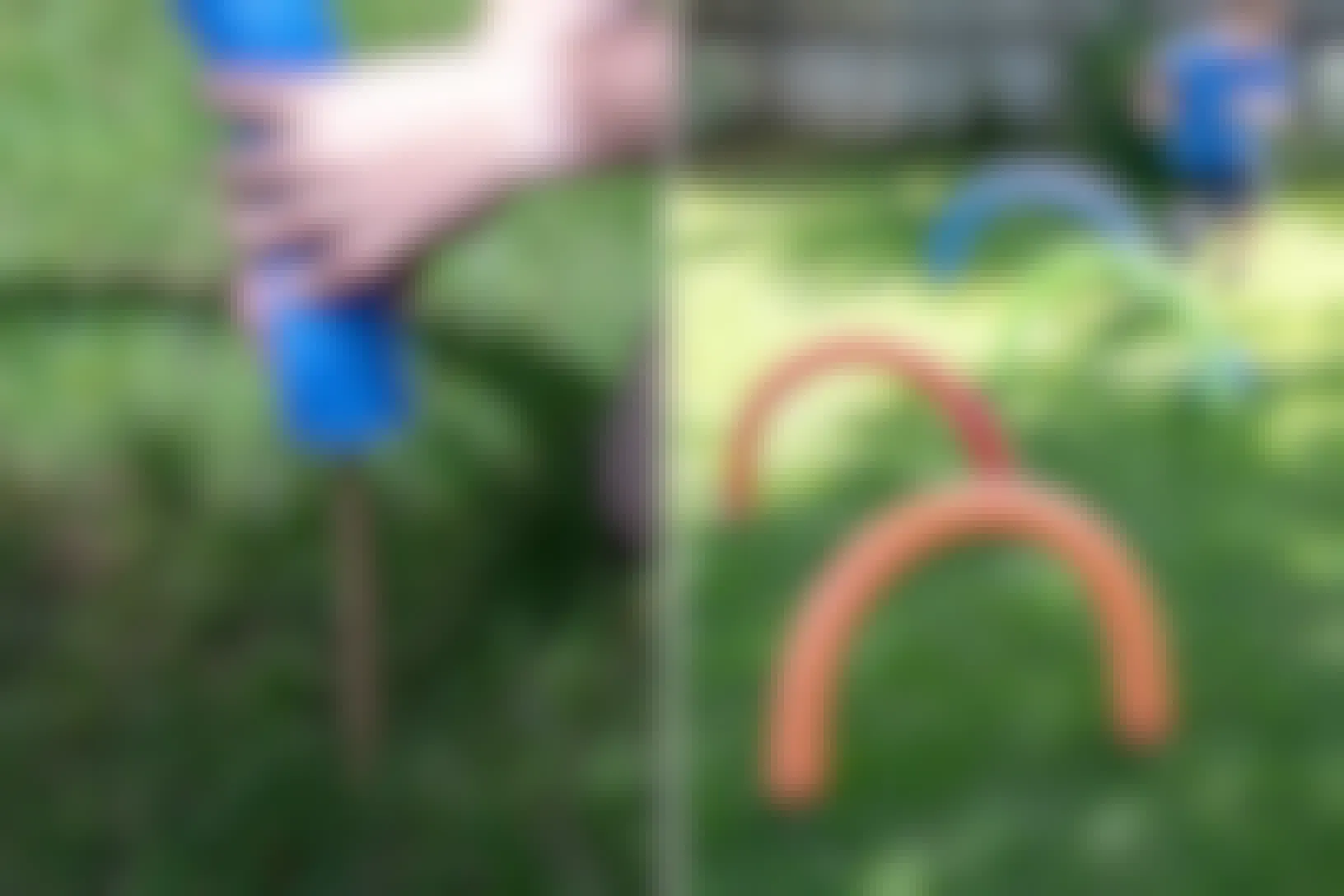 A person's hands placing a pool noodle onto a dowel sticking out of the ground, and a child kicking a ball through DIY pool noodle obstacles on a lawn.
