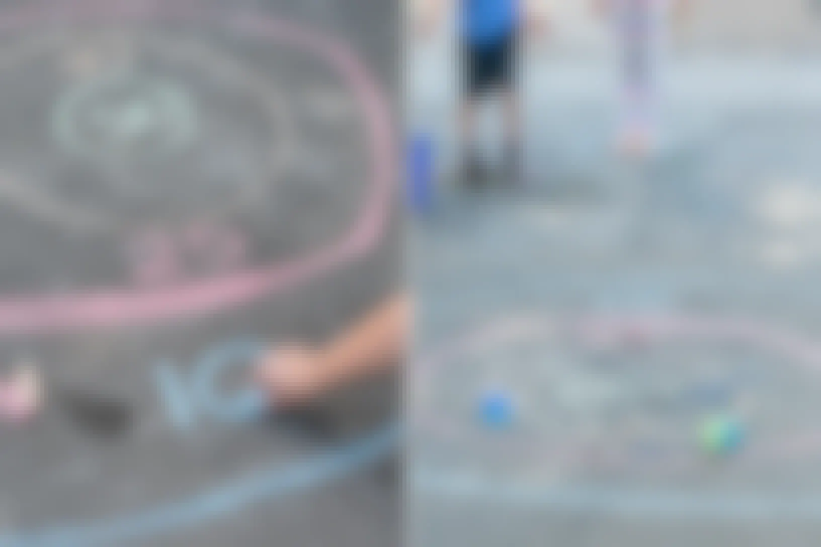 A person's hand drawing the number 10 on a target of chalk, and two children throwing sponges into the chalk target.