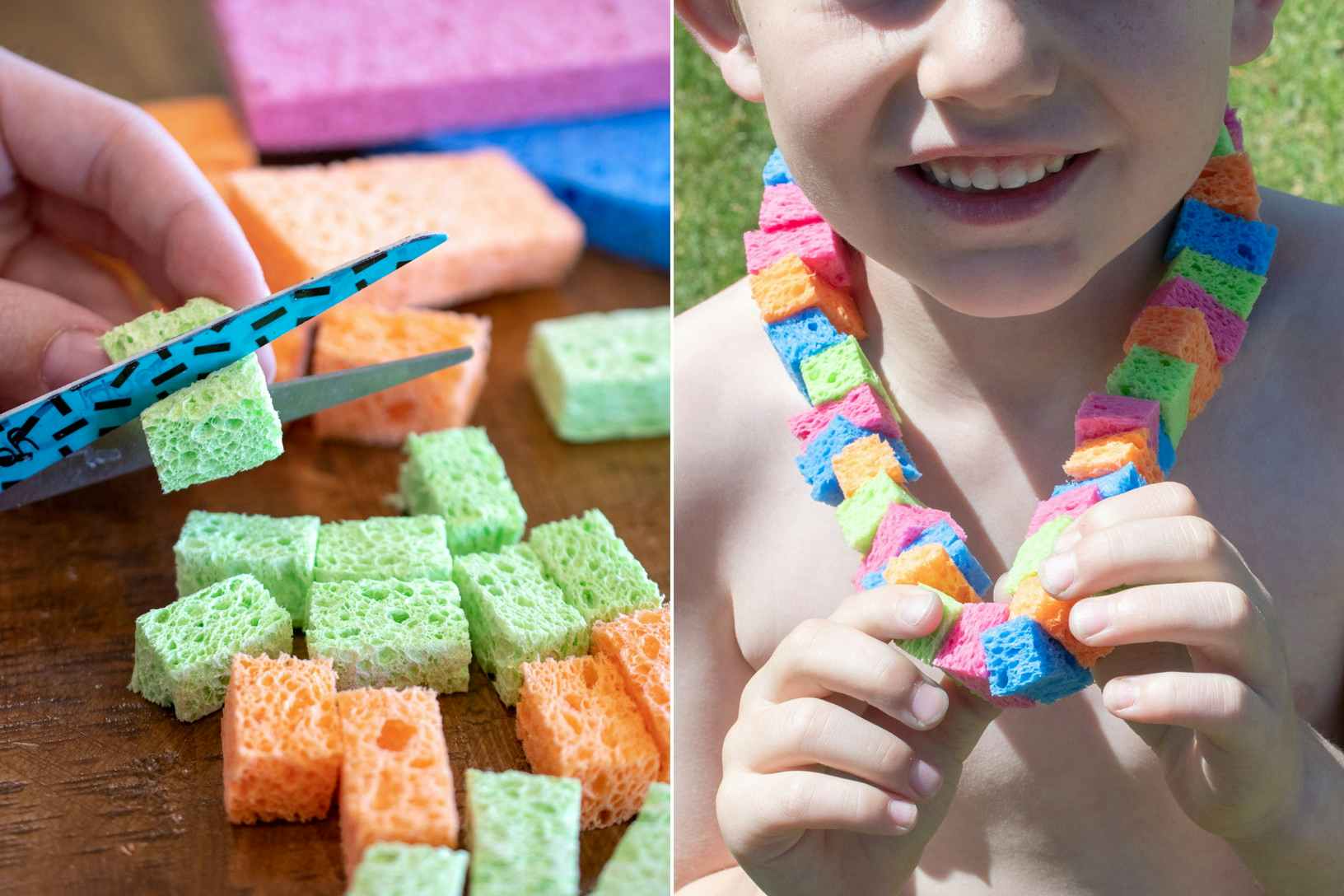 A person's hand using scissors to cut sponges into little squares, and a child smiling and wearing a necklace made of the little sponges.