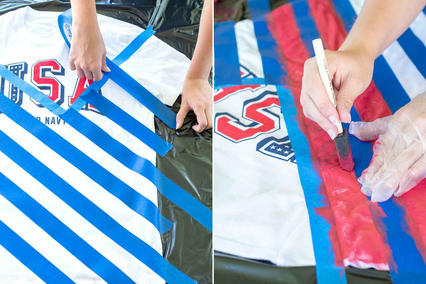 A person's hands laying painters tape down onto a white Old Navy USA t-shirt in an American flag pattern, and painting the stripes red.