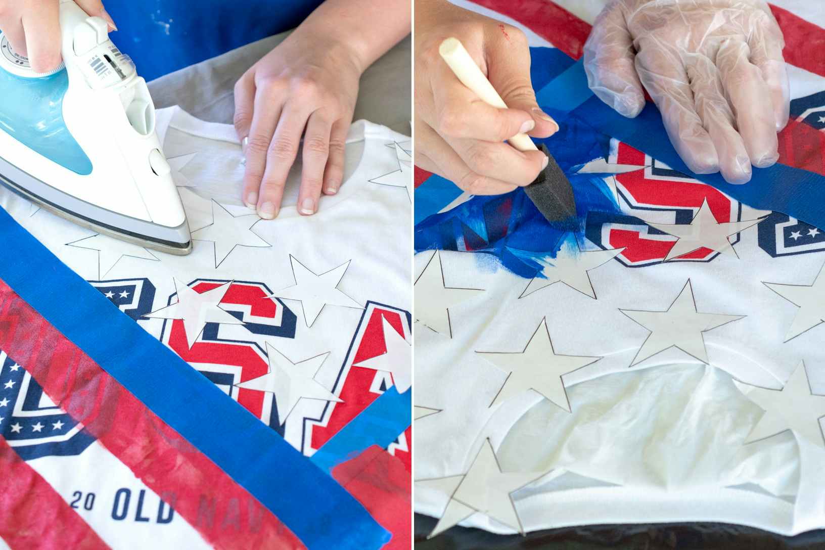 A person's hands adhering stars to an Old Navy USA shirt that is being painted to look like the American flag, and painting on the blue section.