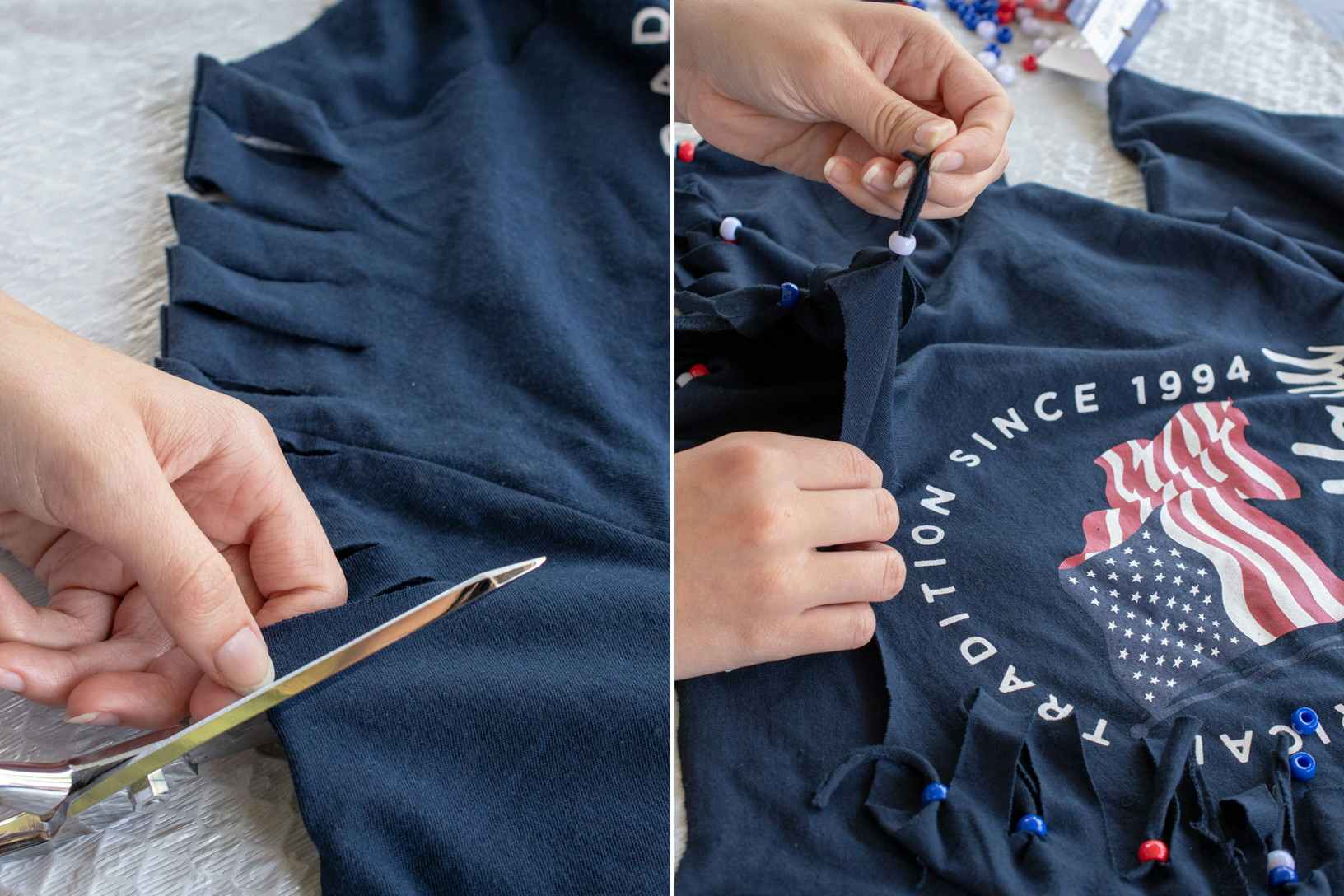 A person's hands using scissors to cut lines along the sleeve of an Old Navy Fourth of July t-shirt and putting beads on the loose strips.