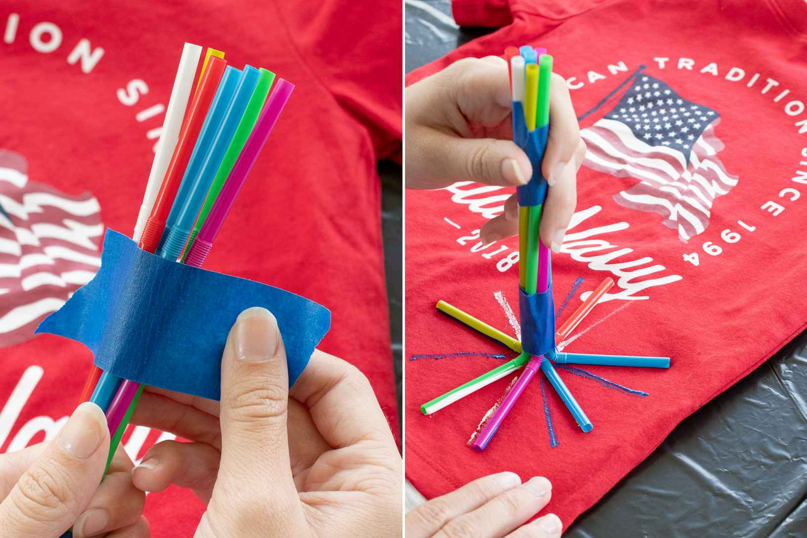 A person's hands taping a handful of bendy straws together and pressing the painted straws onto a red Old Navy Fourth of July t-shirt.