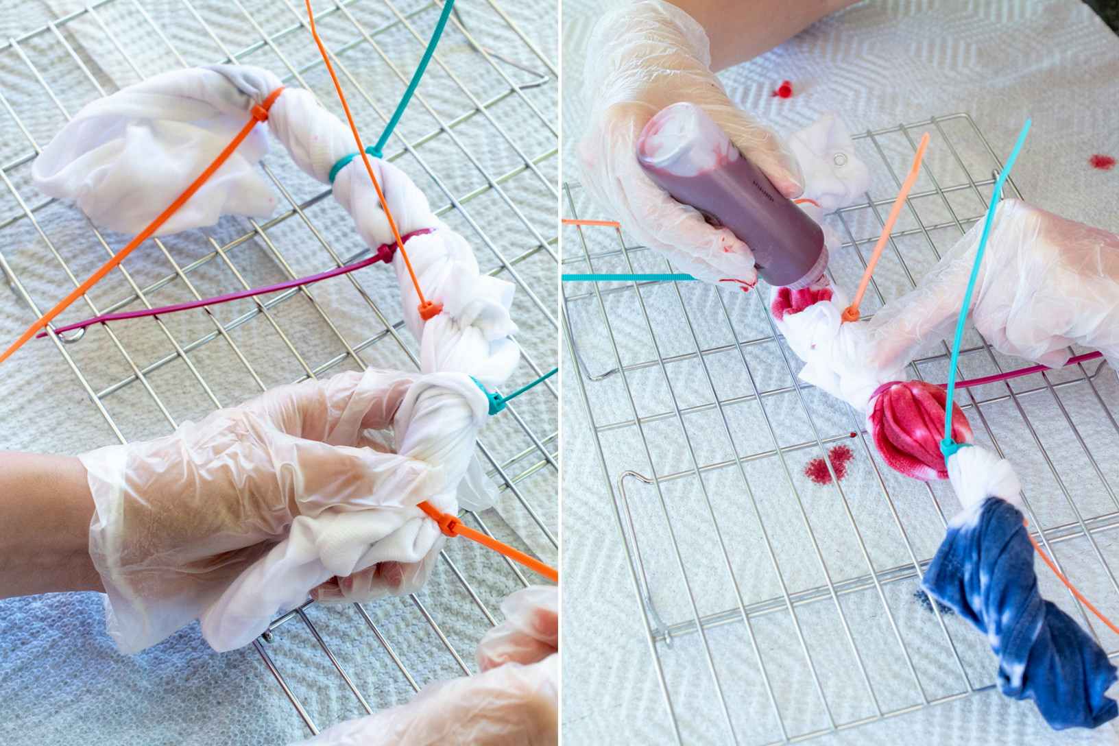 A person's gloved hands fastening zip ties around the rolled up Old Navy baby onsie and applying the different colored dye to each section.