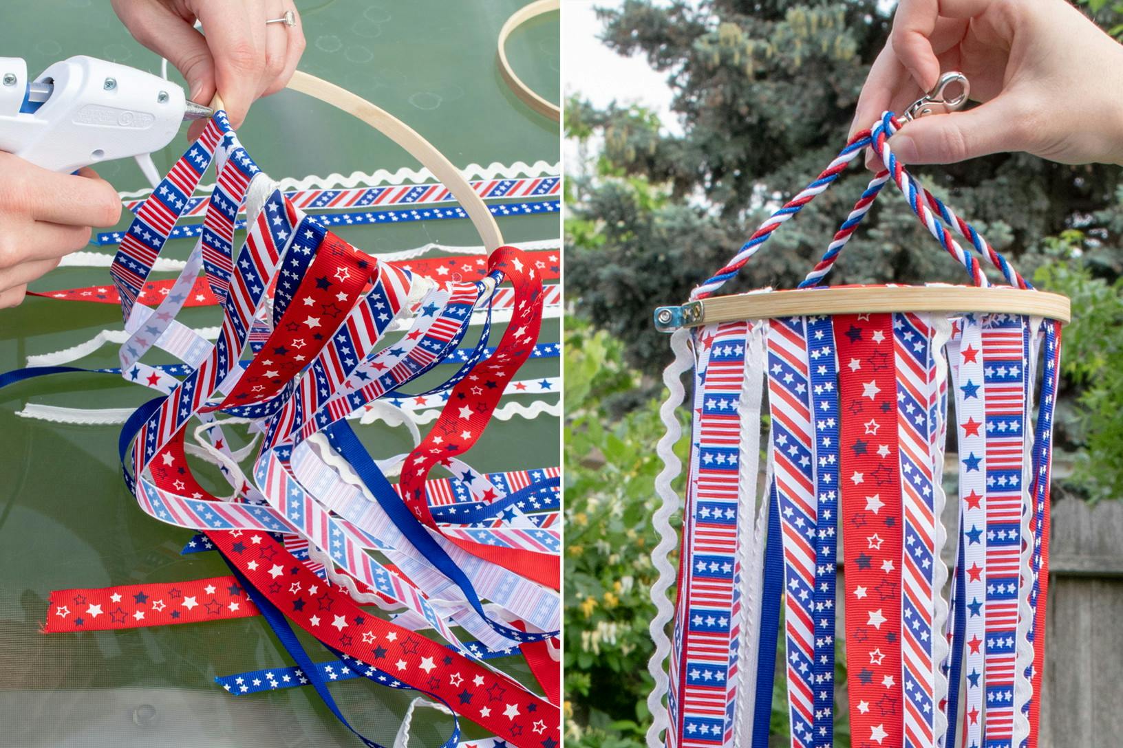 A person hot gluing red, white, and blue patterned ribbons to an embroidery hoop, and holding up the completed windsock.