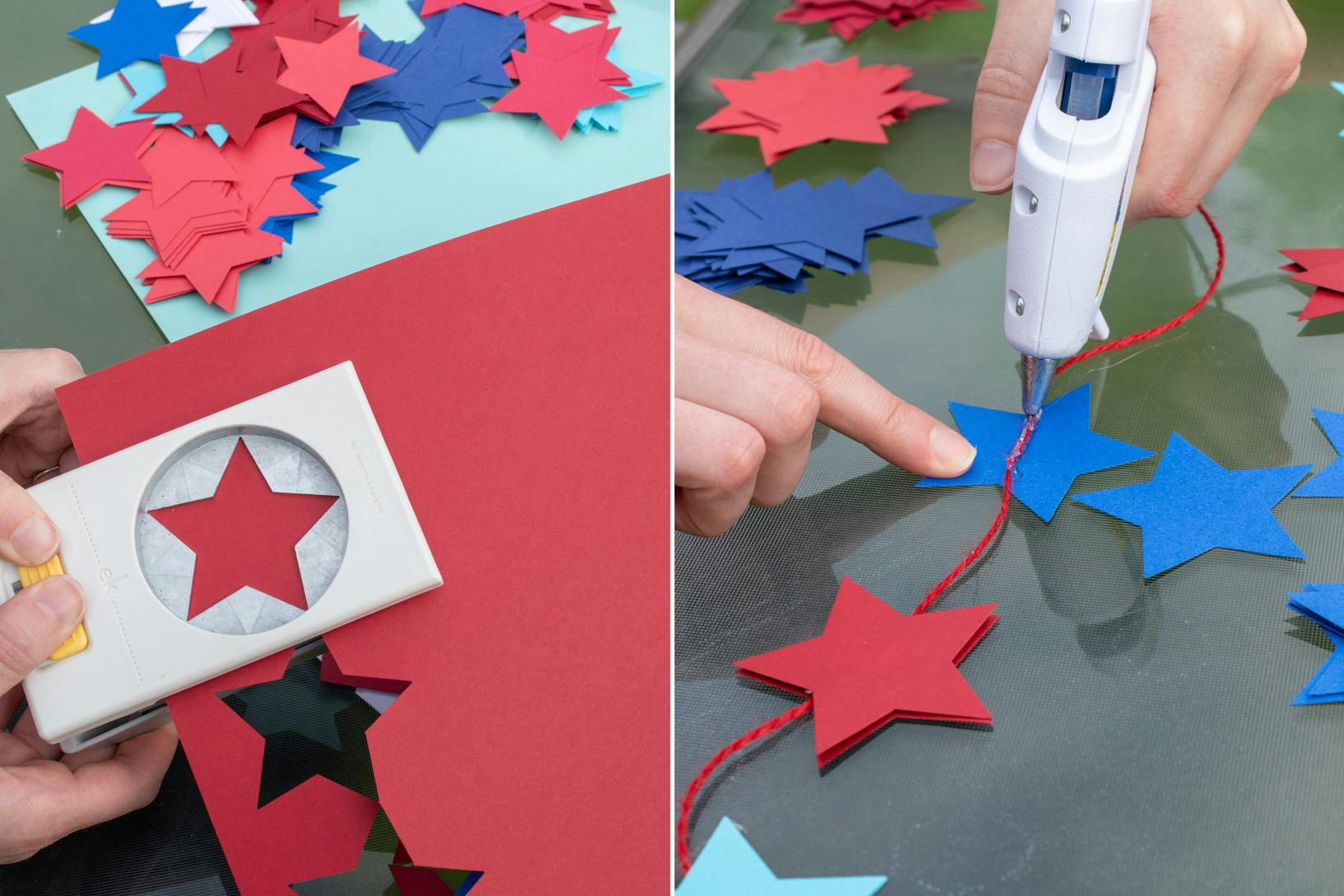 A person using a star-shaped hole punch to make stars out of red, white, and blue construction paper, and hot-gluing them to a string in order to make a garland.