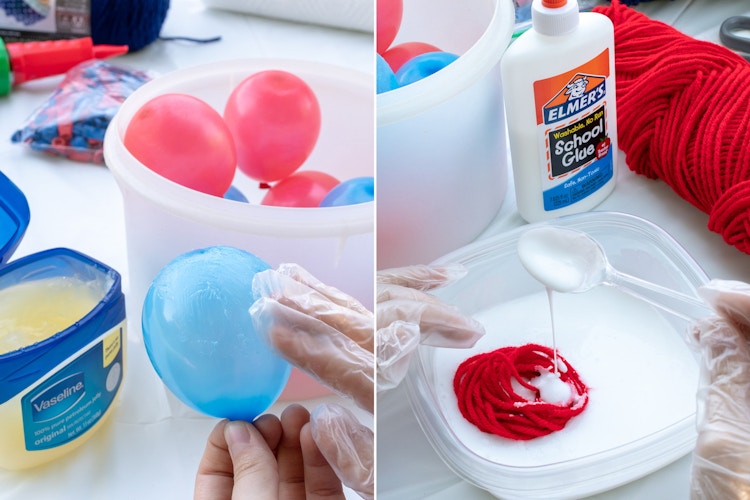 A person's gloved hand applying Vaseline to a small, inflated balloon and soaking some red yarn in a container of Elmer's Glue.