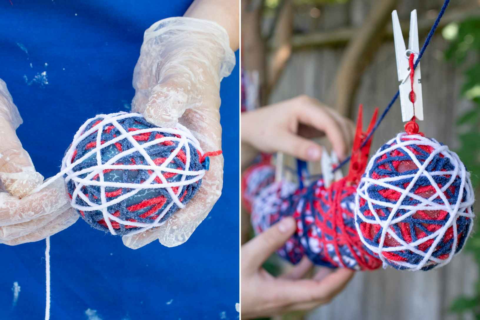 A person wrapping glue-covered strings of yarn over a small, inflated balloon, and clipping them onto a clothesline to dry.