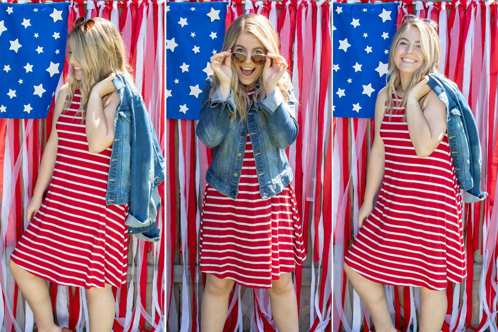 A person posing in front of a DIY American flag backdrop made of felt.