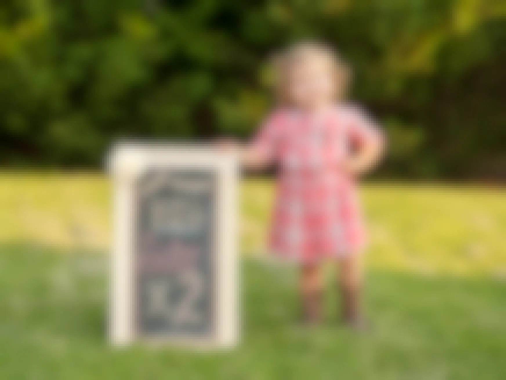 A little girl standing next to a chalkboard sign that says, "Big Sister x2