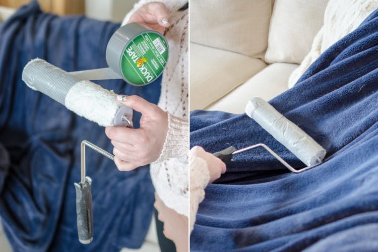 two images of a person rolling duck tape on a paint roller to use as a large lint roller on a blanket to remove cat hair 