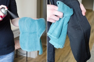 two images of a person cleaning cat hair with a cloth sprayed hairspray