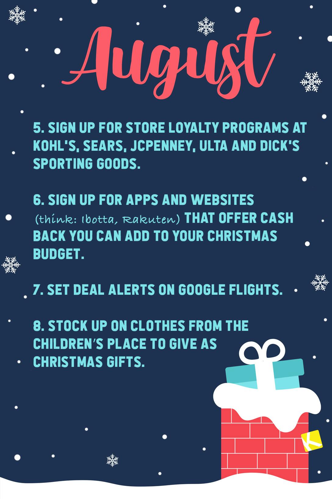 Graphic with a list of things to do to prepare for Christmas in the month of August.