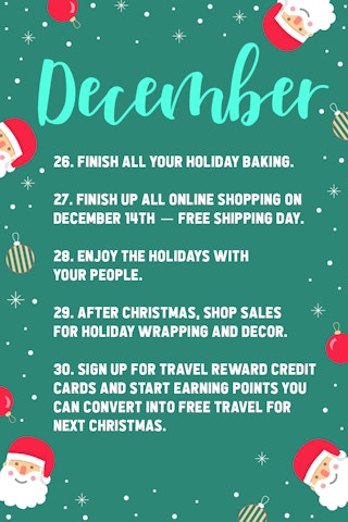 Graphic with a list of things to do to prepare for Christmas in the month of December.