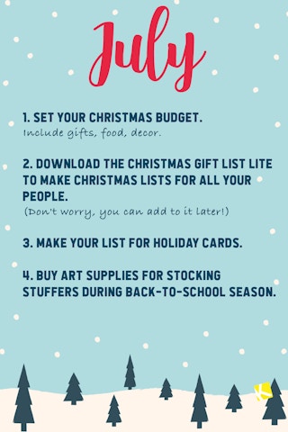 Graphic with a list of things to do to prepare for Christmas in the month of July.