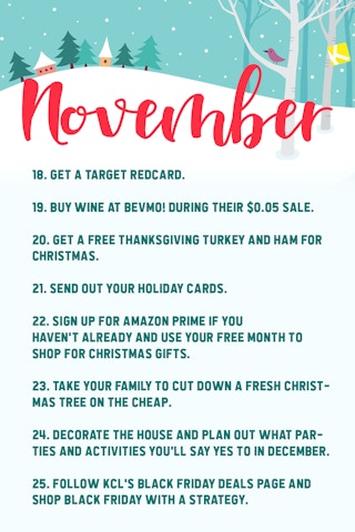 Graphic with a list of things to do to prepare for Christmas shopping in the month of November