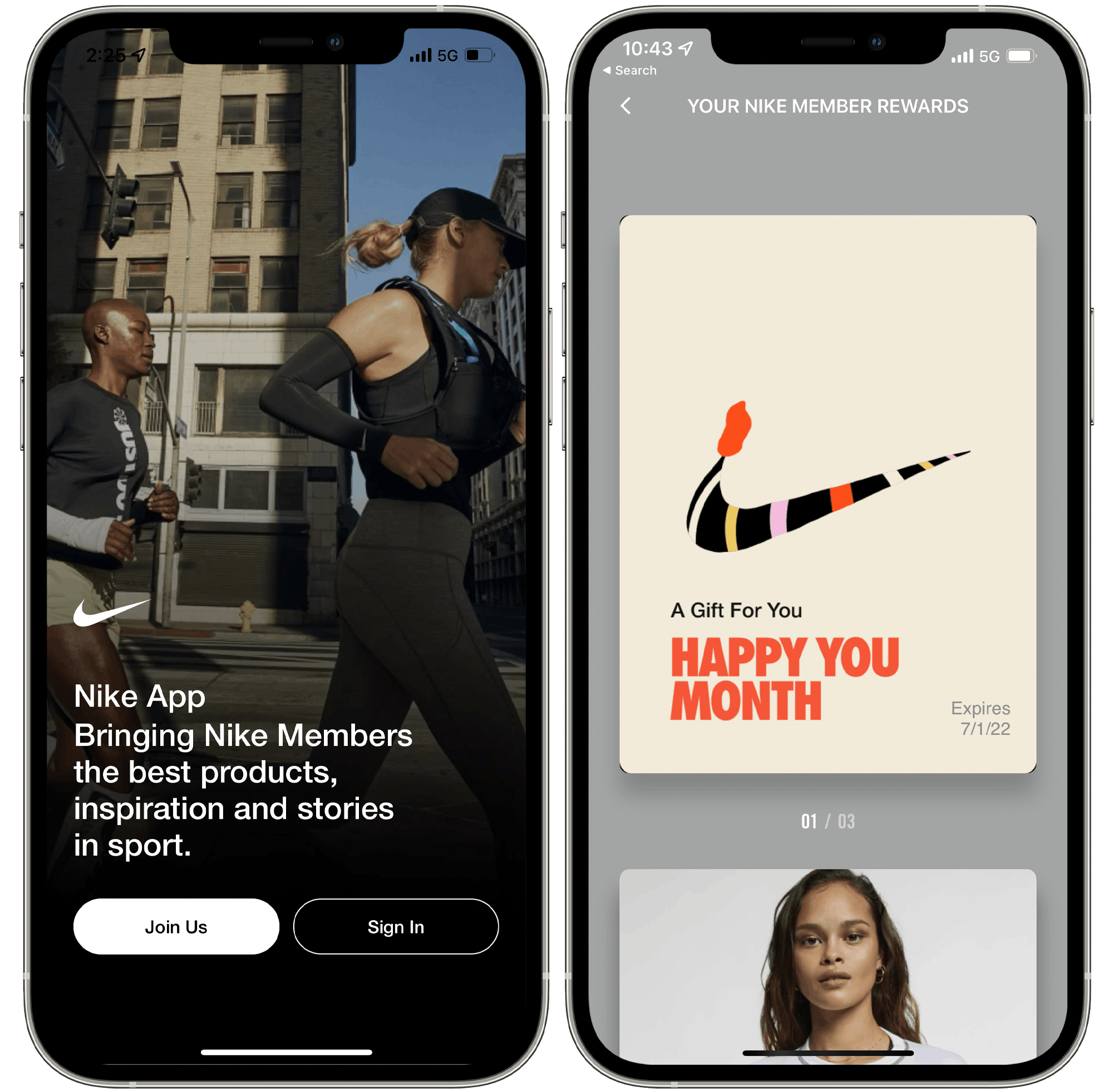 Nike app graphic of two phones, one screen showing the sign up page and the other showing the rewards page.