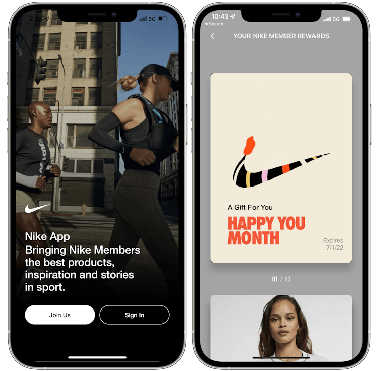 Nike app graphic of two phones, one screen showing the sign up page and the other showing the rewards page.