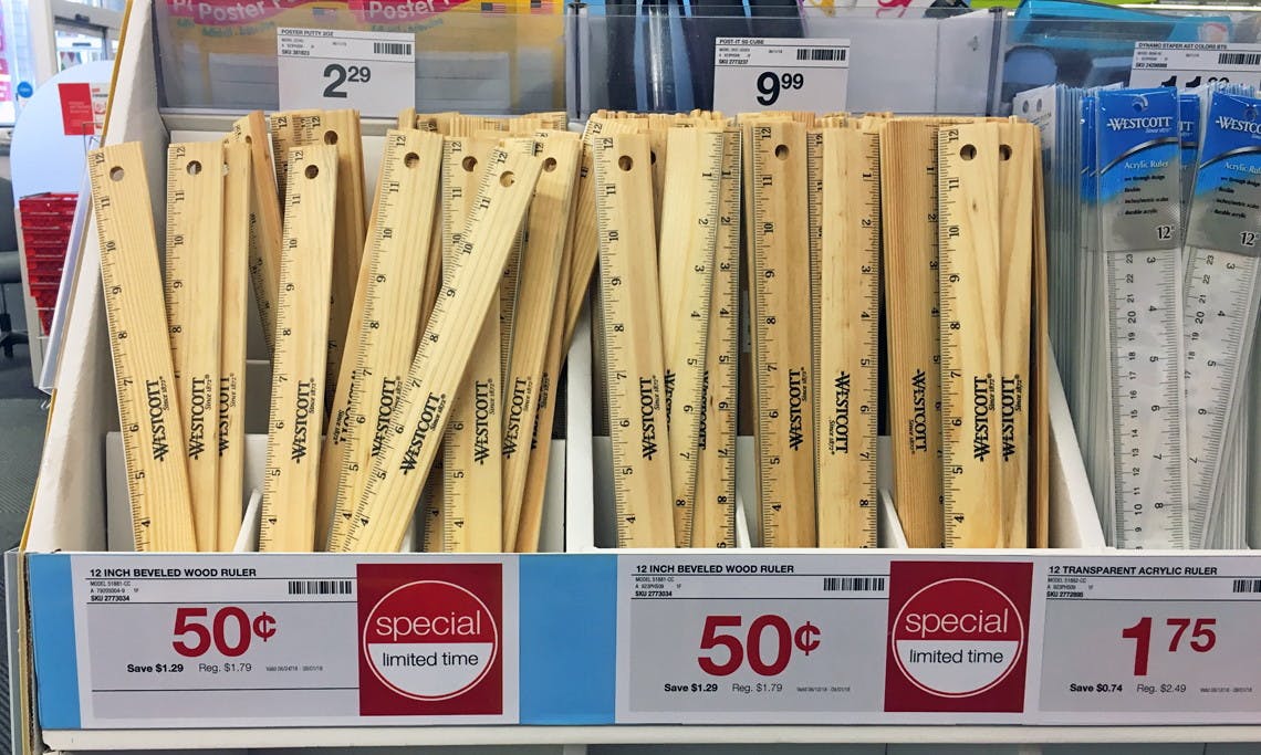 A display of rulers on sale at Staples.