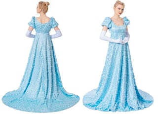 A young woman modeling a dress for a Daphne Bridgerton Halloween costume on a white background.