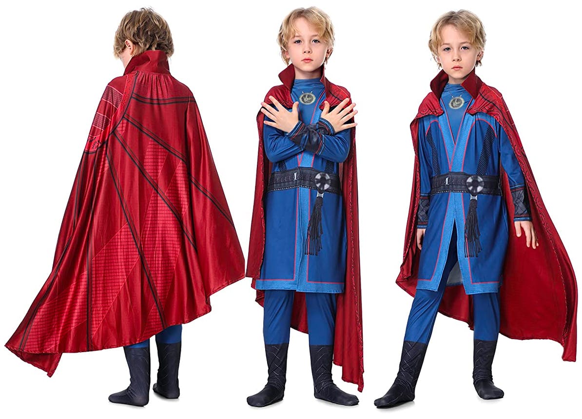 A child wearing a Doctor Strange halloween costume on a white background.