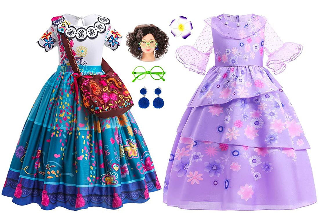 Mirabel and Isabella Madrigal costume dresses and accessories on a white background.