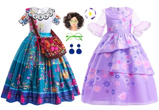 Mirabel and Isabella Madrigal costume dresses and accessories on a white background.