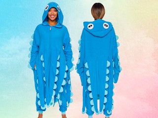 A person wearing an octopus onesie with the tentacles hanging down, showing the front and back on a colorful background.