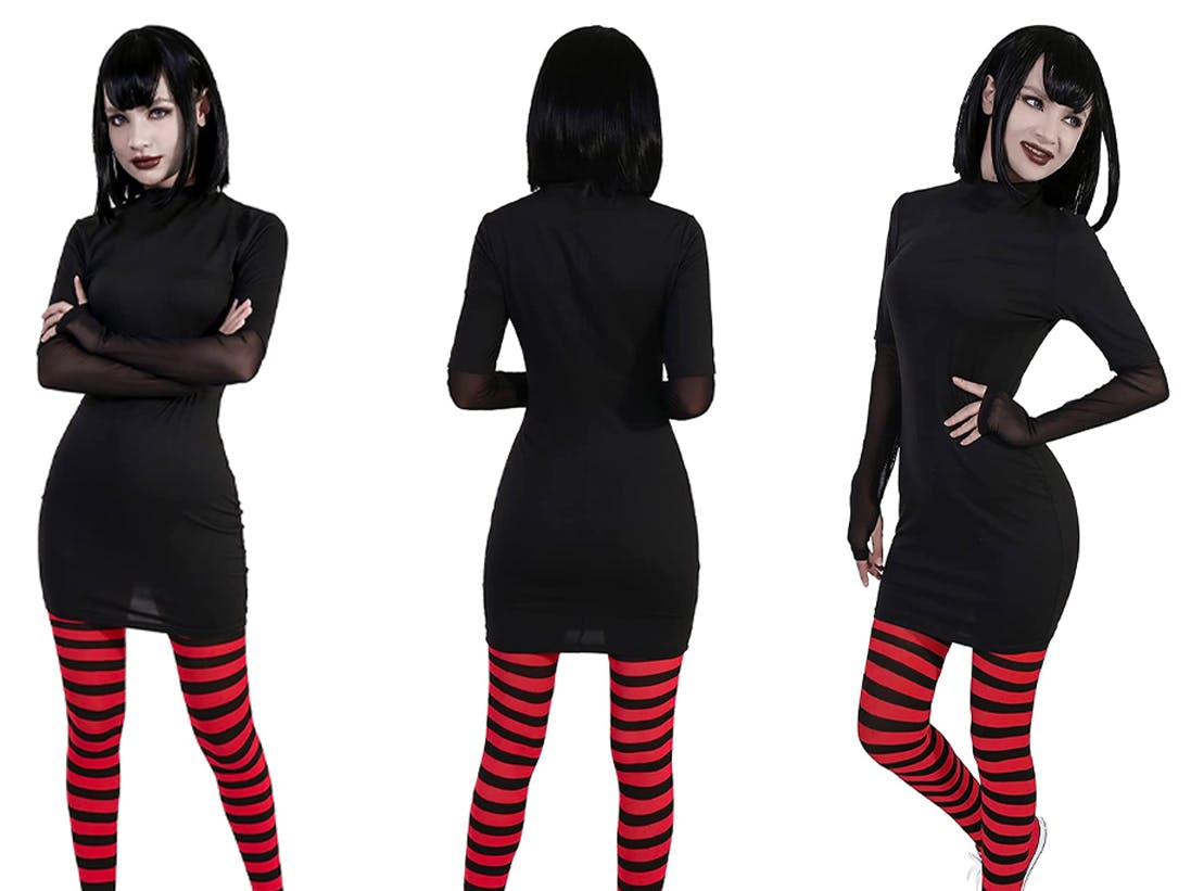 A girl dressed as Mavis from Hotel Transylvania on a white background.