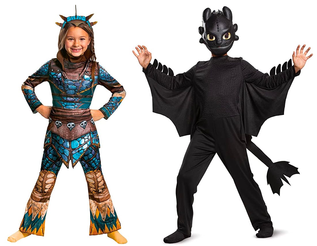 Kids dressed as Astrid and Toothless from How to Train Your Dragon on a white background.