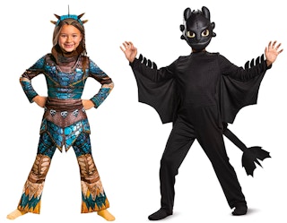Kids dressed as Astrid and Toothless from How to Train Your Dragon on a white background.