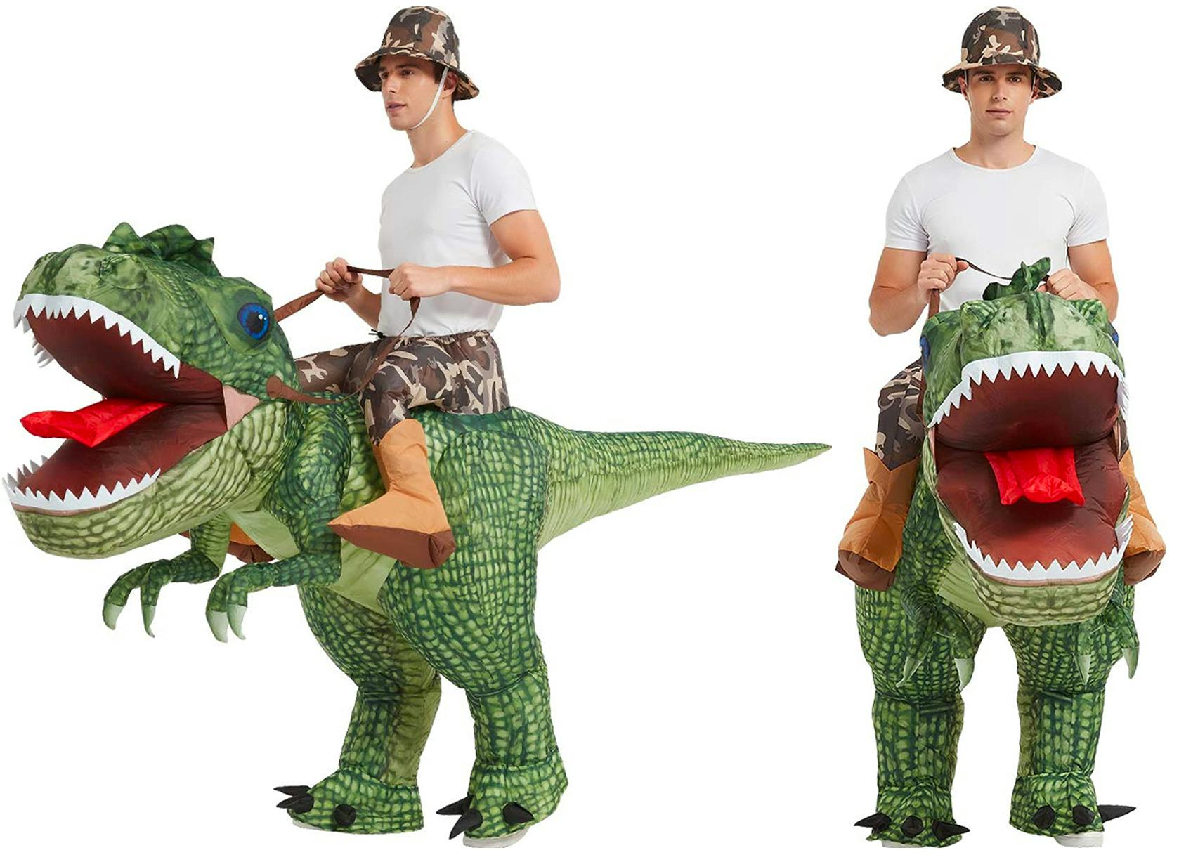 A man wearing an inflatable ride-on dinosaur