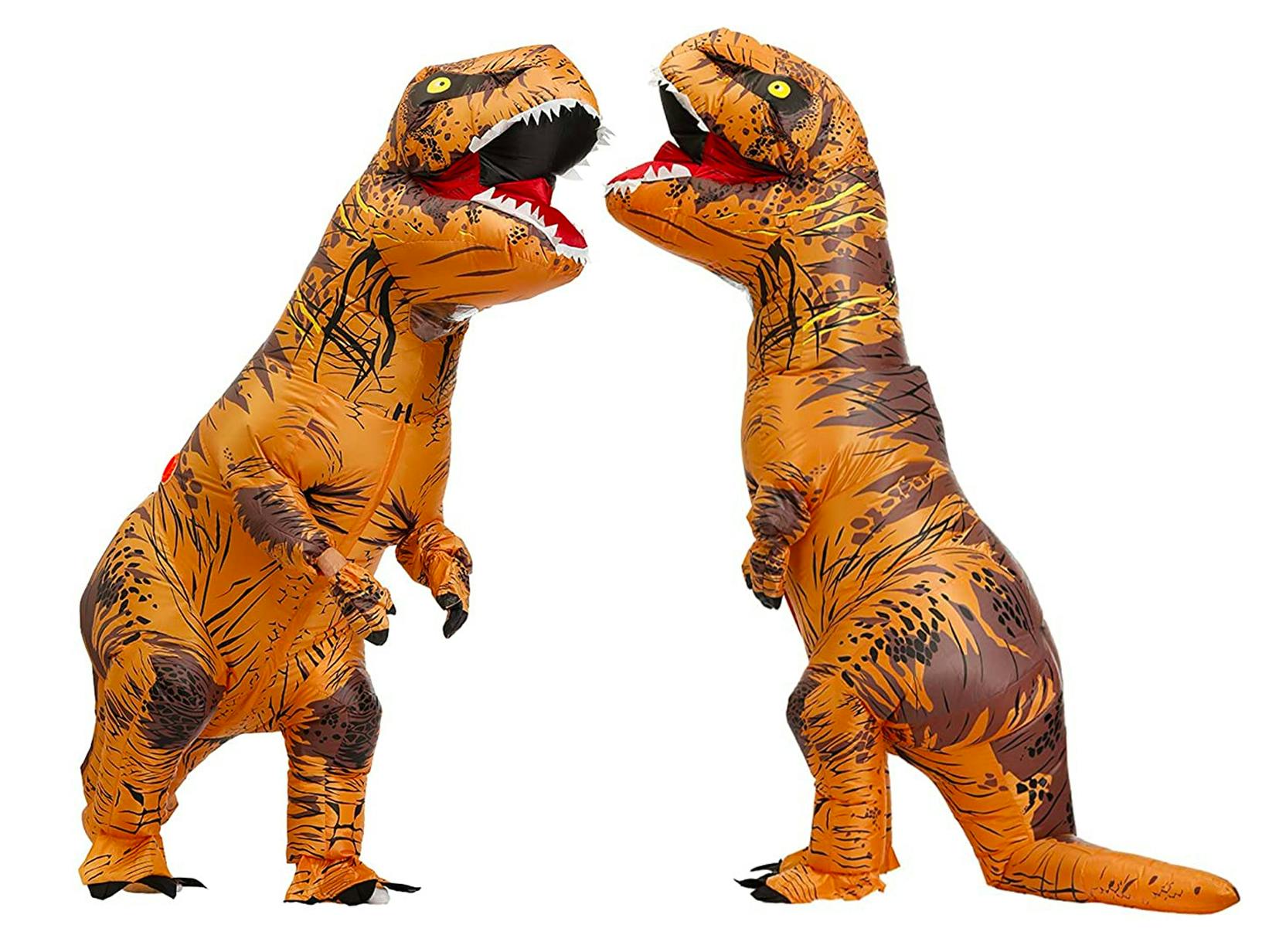 A person wearing an inflatable dinosaur costume showing two sides on a white background.