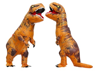 A person wearing an inflatable dinosaur costume showing two sides on a white background.