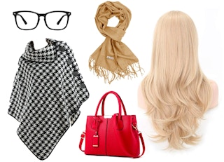 Clothing items collaged on a white background for an Inventing Anna Halloween costume.