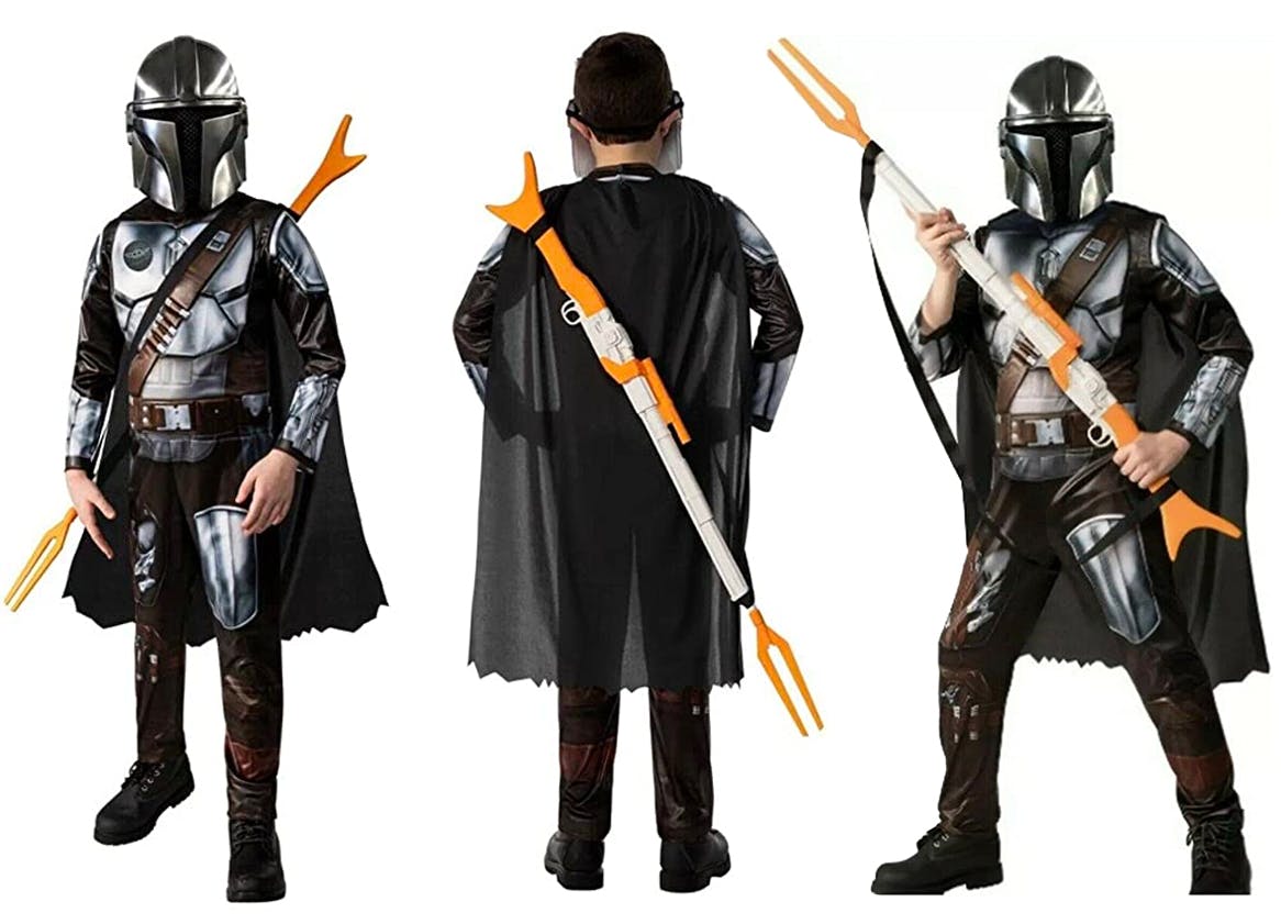 A child wearing the Mandalorian costume on a white background.