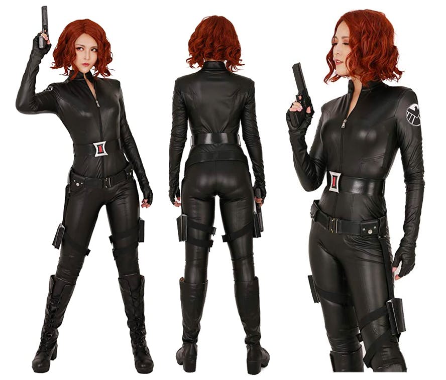 A woman wearing a Black Widow costume on a white background.