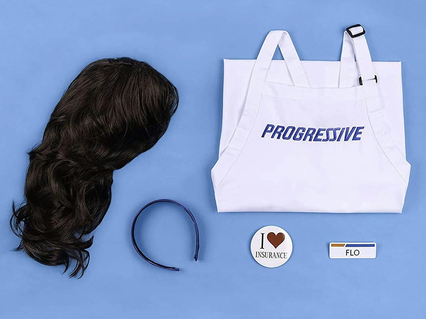 Progressive insurance Flo costume pieces on a blue background.