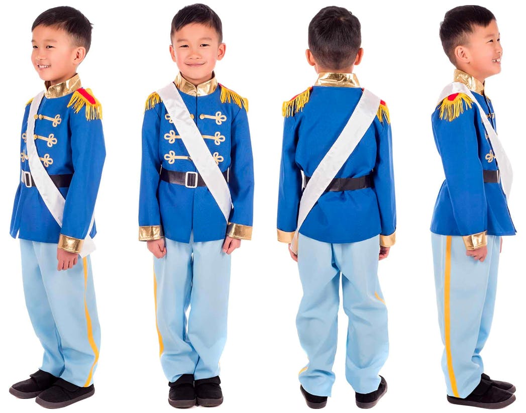 A child wearing a prince costume showing the front, back, and sides on a white background.